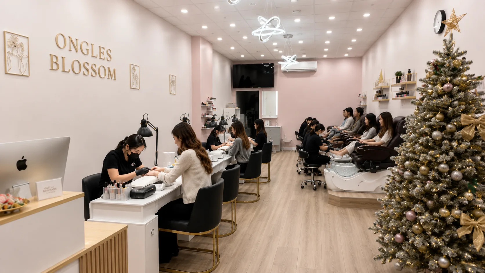 Wide view of the pedicure area at Ongles Blossom Montréal
